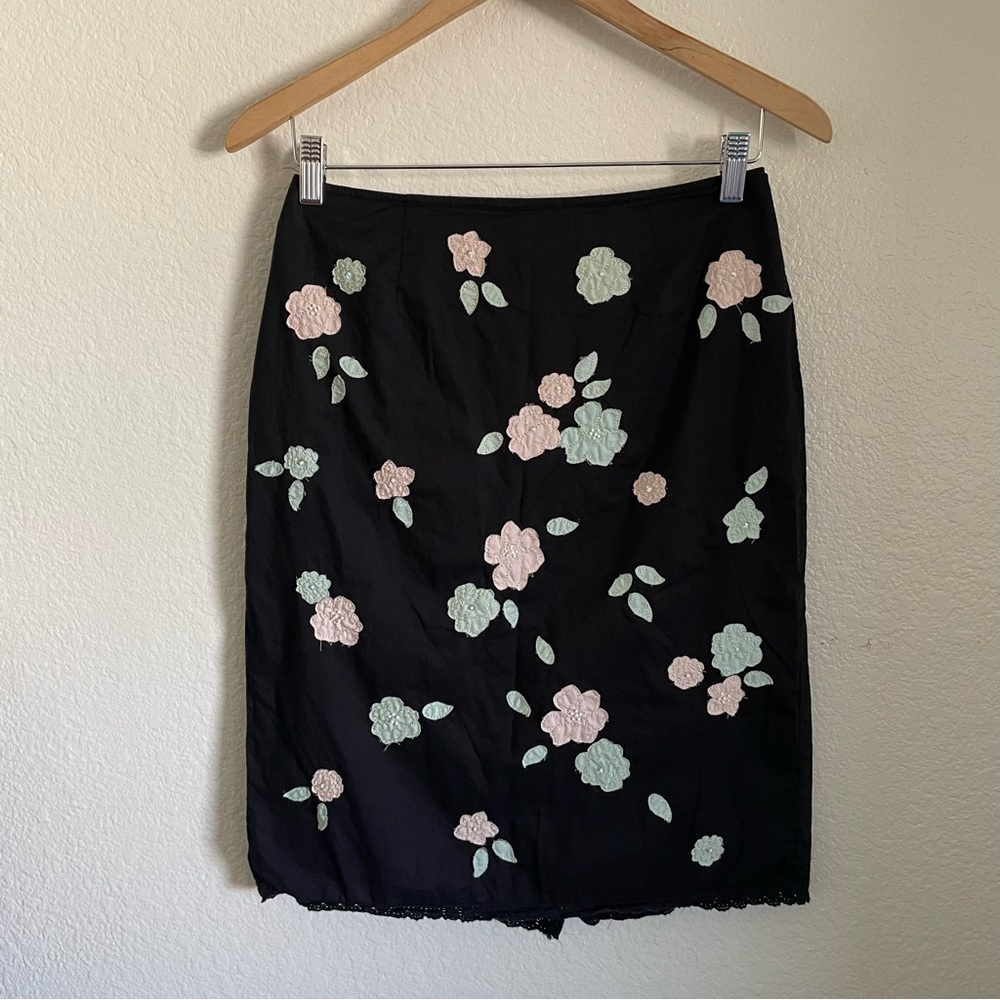 100% Cotton Black Floral Josephine Chaus Embroidered Embellished Pencil Skirt